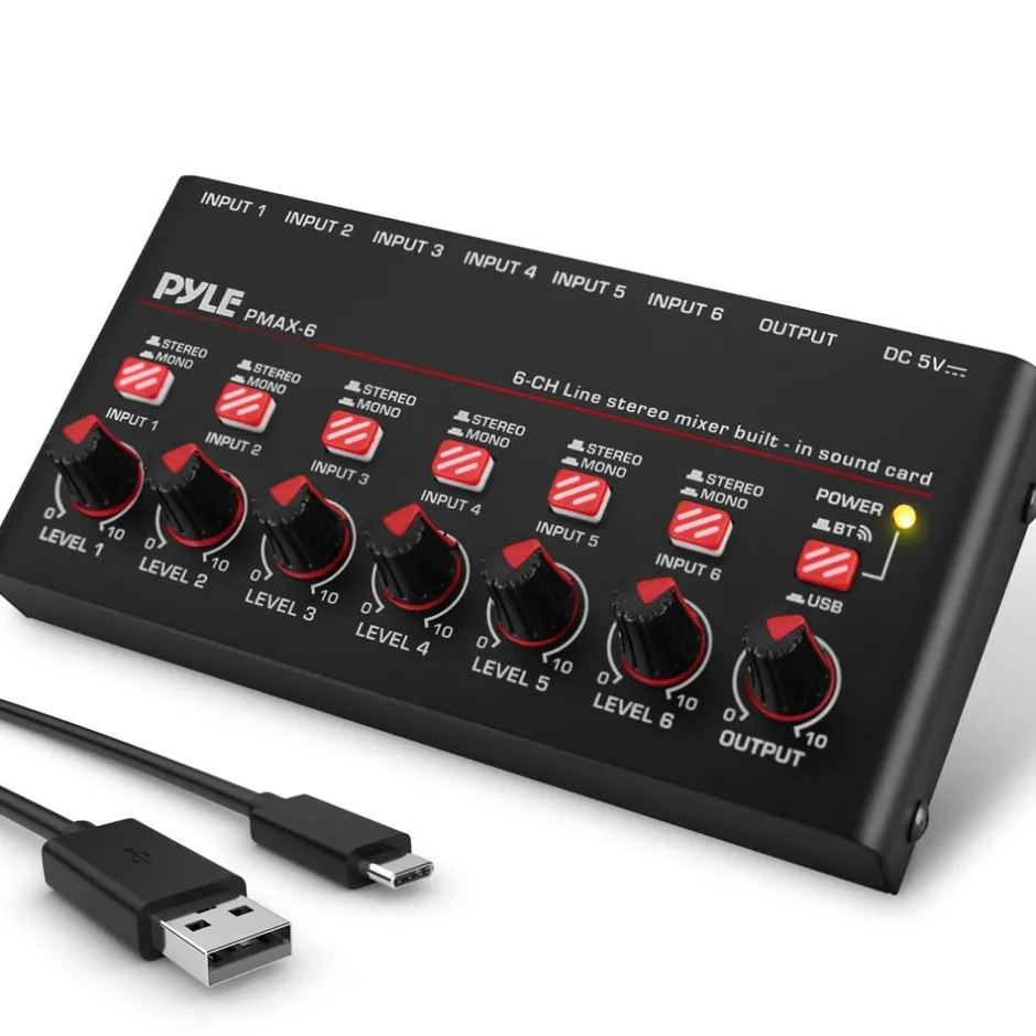6-Channel Wireless Mixer, Low Noise, USB Sound Card, Compact Size<Pyle Clearance