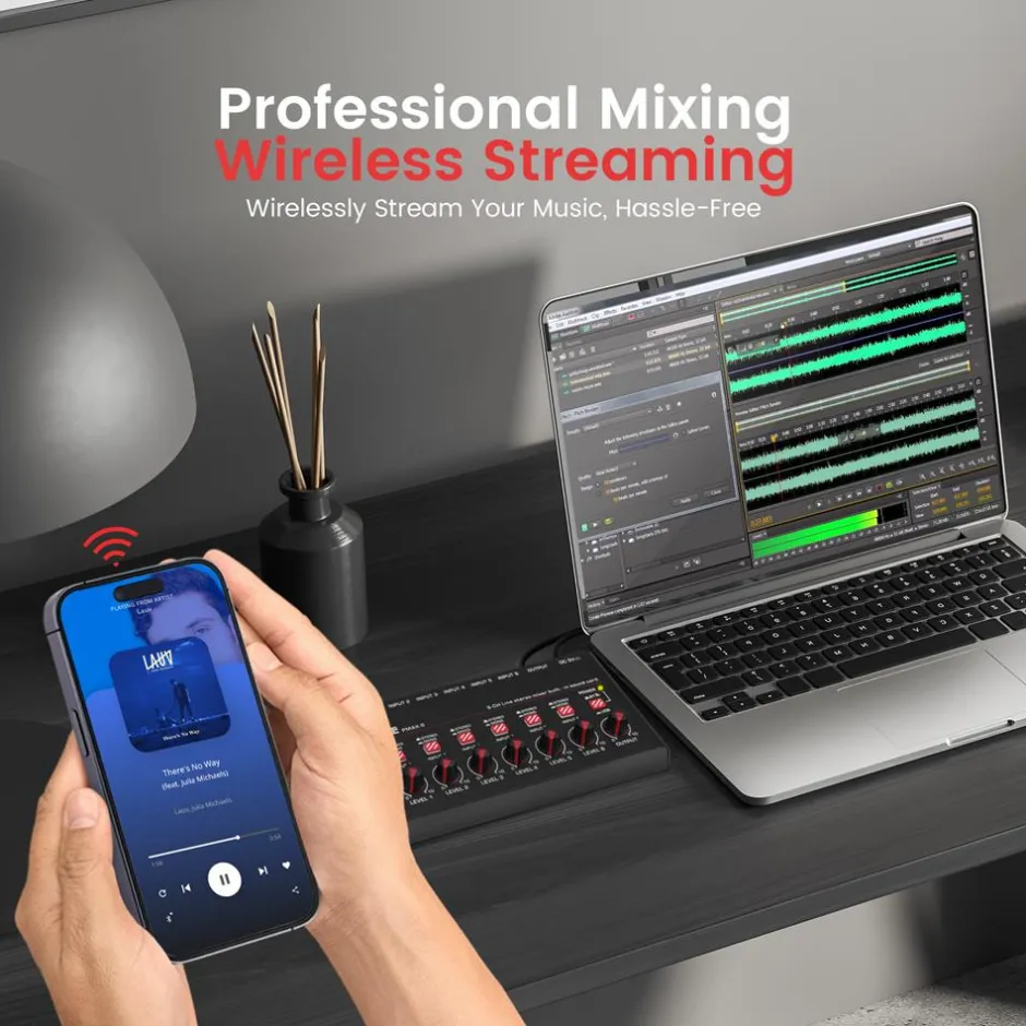 6-Channel Wireless Mixer, Low Noise, USB Sound Card, Compact Size<Pyle Clearance