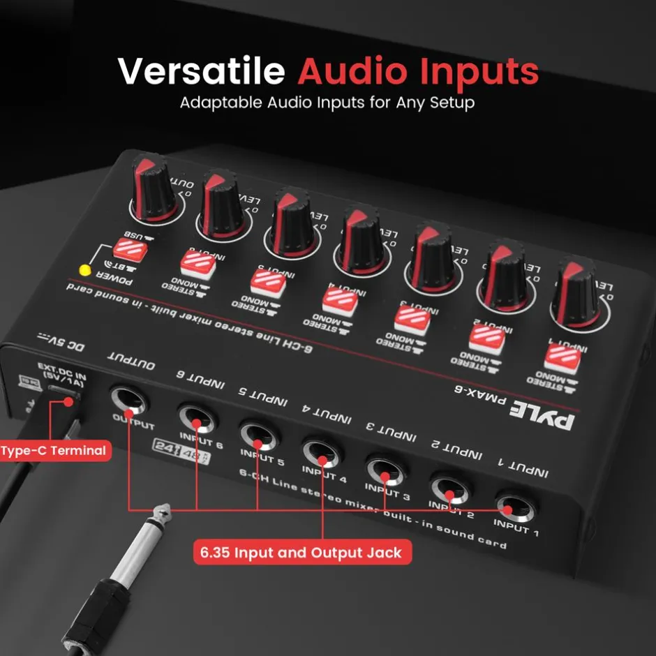 6-Channel Wireless Mixer, Low Noise, USB Sound Card, Compact Size<Pyle Clearance