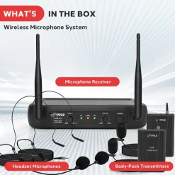 Dual Channel Wireless Mic System - Clear Sound, VHF, 2 Lavalier & Headset<Pyle