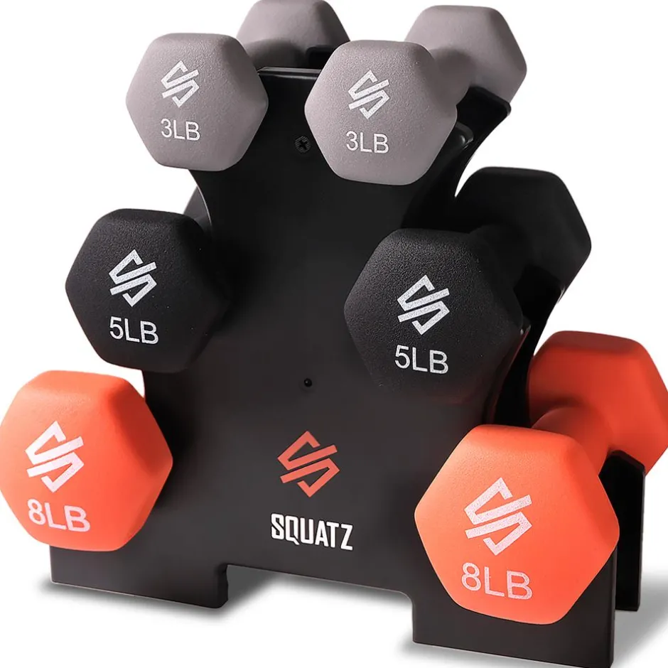 Dumbbell Set with Stand, Anti-Slip Neoprene Coated, Gray/Black/Orange<SQUATZ Clearance