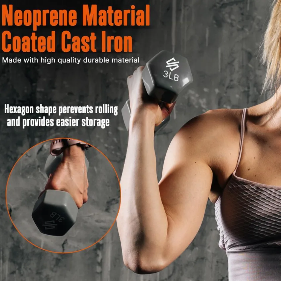 Dumbbell Set with Stand, Anti-Slip Neoprene Coated, Gray/Black/Orange<SQUATZ Clearance