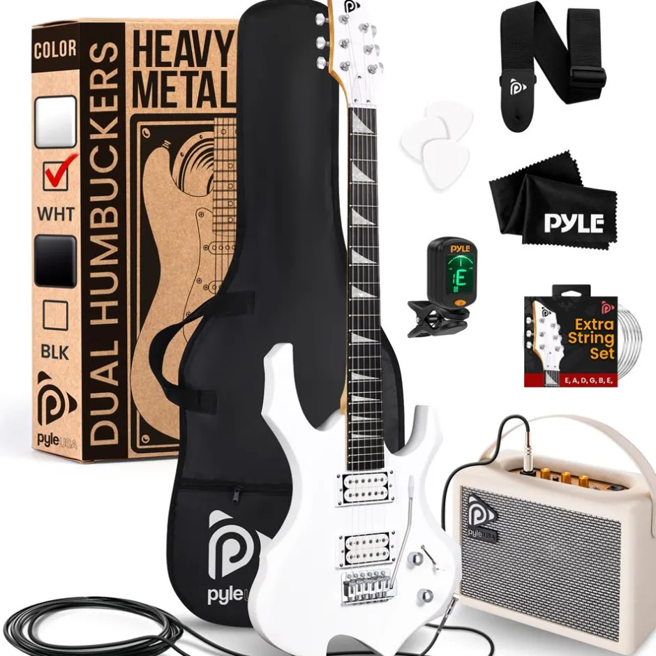 Electric Guitar Kit w/ Amp, Easy Play, Solid Wood, White Matte<Pyle Hot