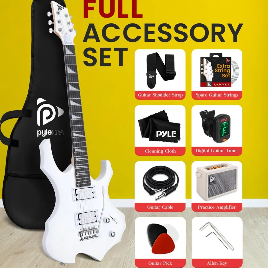 Electric Guitar Kit w/ Amp, Easy Play, Solid Wood, White Matte<Pyle Hot