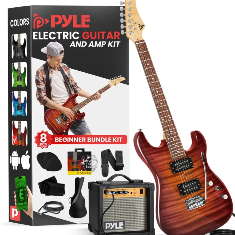 Electric Guitar Set with Amp, Full Size, 6-String, Glossy Finish<Pyle New