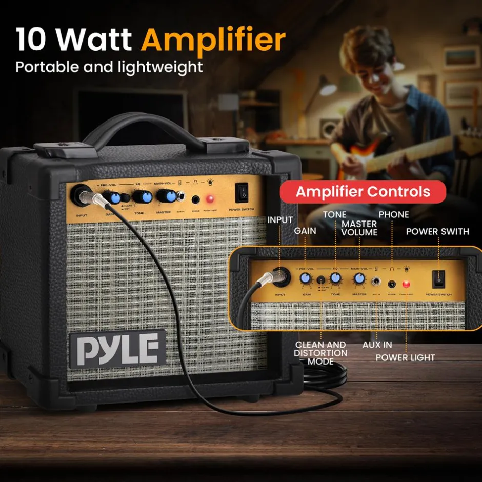 Electric Guitar Set with Amp, Full Size, 6-String, Glossy Finish<Pyle New