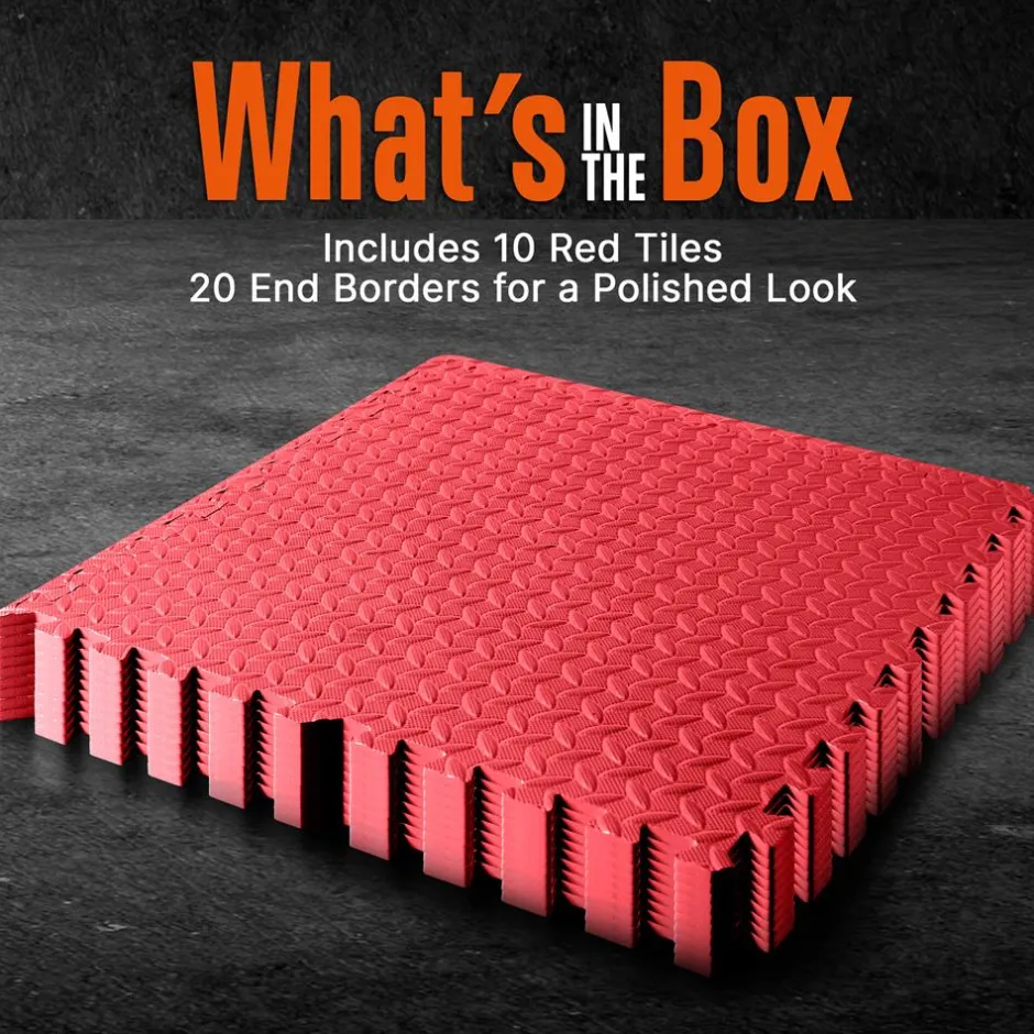 Exercise Mat 10 Pcs - Cushioned EVA Foam, Non-Skid, Easy Assembly, Red<SQUATZ