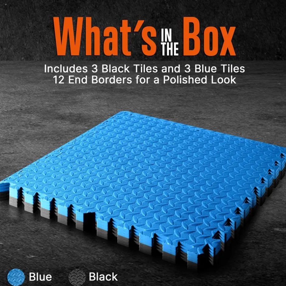 Exercise Mat 6-Piece Set, Cushioned EVA Foam, Non-Skid, Blue/Black<SQUATZ Online