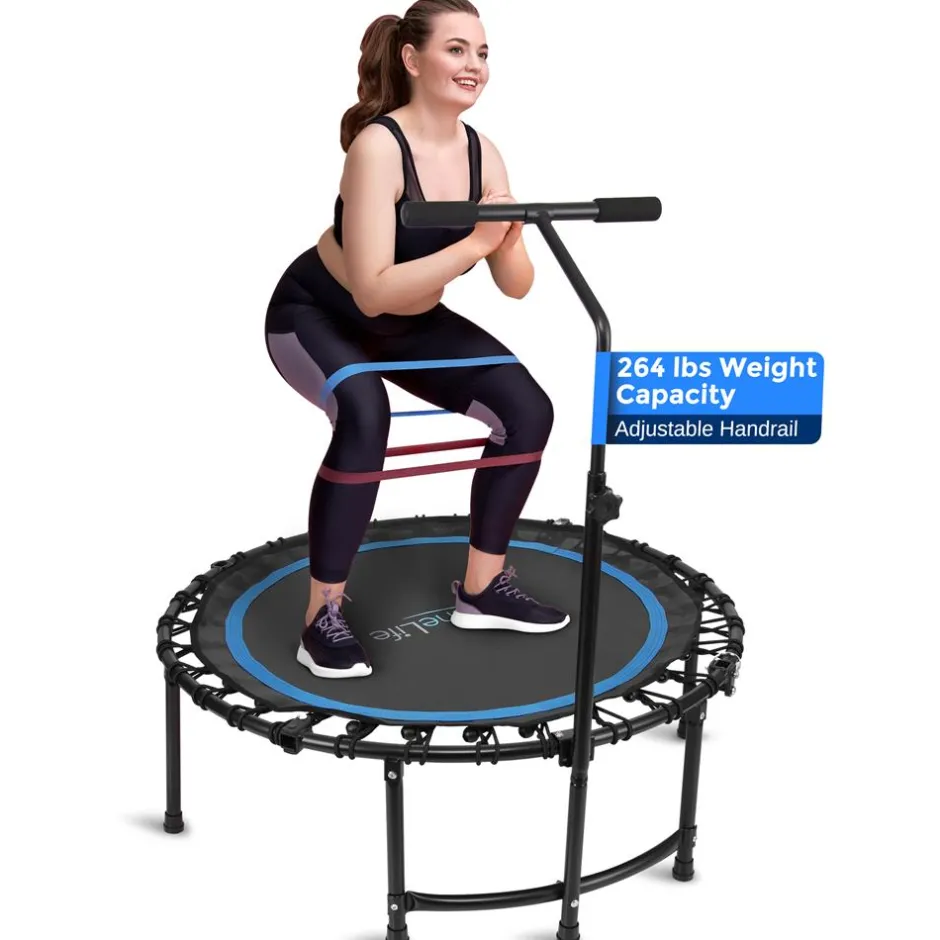 Foldable Mini Trampoline, Aerobic Fitness, Adjustable Handrail, 264 lbs Capacity<SereneLife Discount