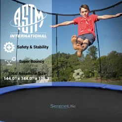 12FT Outdoor Trampoline - Safe Jumping, Reinforced Mat, Blue<SereneLife New