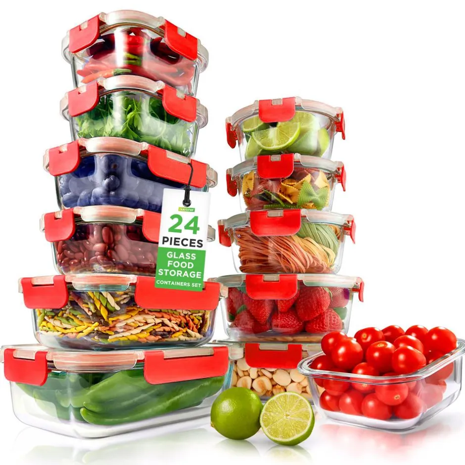 Glass Food Storage Set 24pc Airtight Leak-Proof Borosilicate Red<NutriChef Outlet