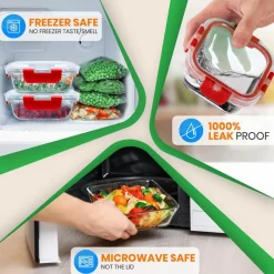 Glass Food Storage Set 24pc Airtight Leak-Proof Borosilicate Red<NutriChef Outlet