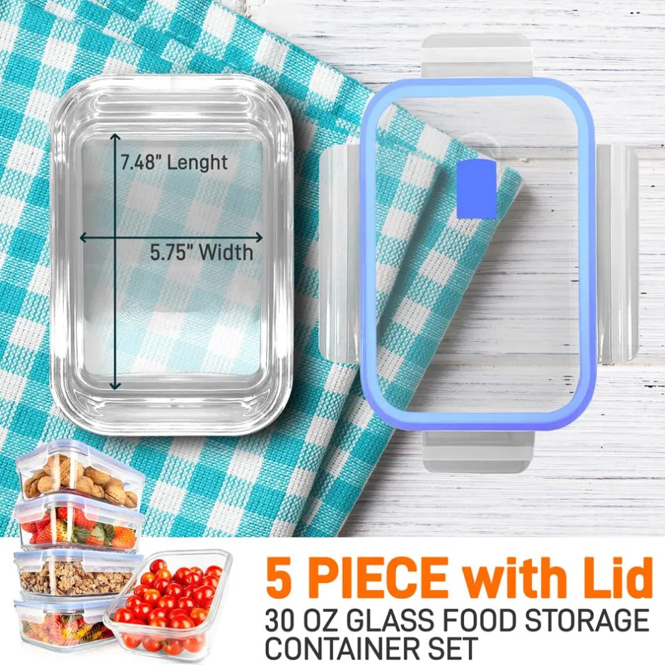 Glass Food Storage Set 10-Piece Leak-Proof Borosilicate Blue Lids<NutriChef Sale