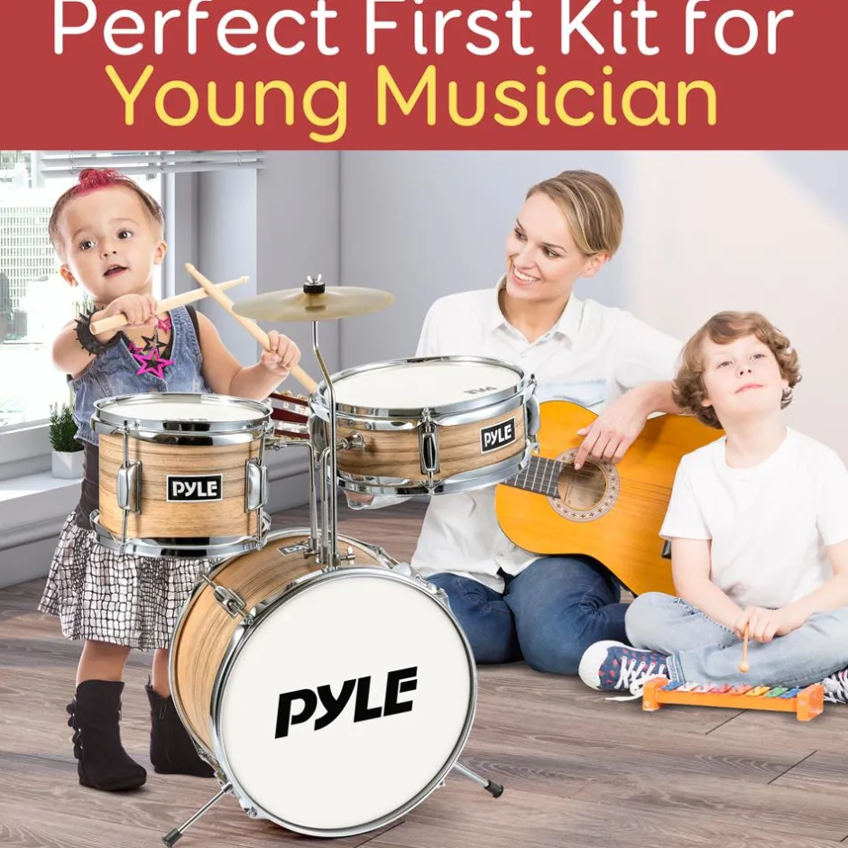 Kids Drum Set, Beginner-Friendly, Metallic Finish, Natural<Pyle Clearance