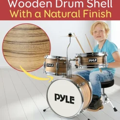 Kids Drum Set, Beginner-Friendly, Metallic Finish, Natural<Pyle Clearance