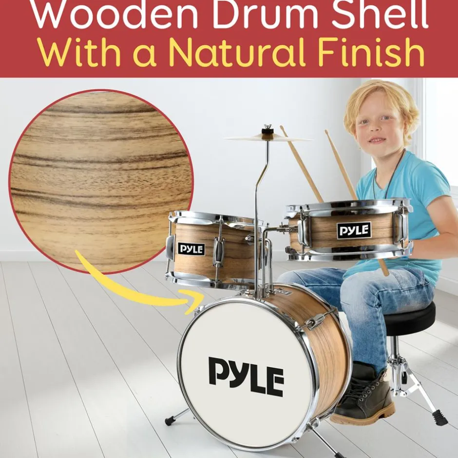 Kids Drum Set, Beginner-Friendly, Metallic Finish, Natural<Pyle Clearance