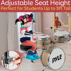 Kids Drum Set, Beginner-Friendly, Metallic Finish, Natural<Pyle Clearance