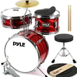 Kids Drum Set 3-Piece Beginner Kit, Metallic Finish, Adjustable Throne, Red<Pyle Hot
