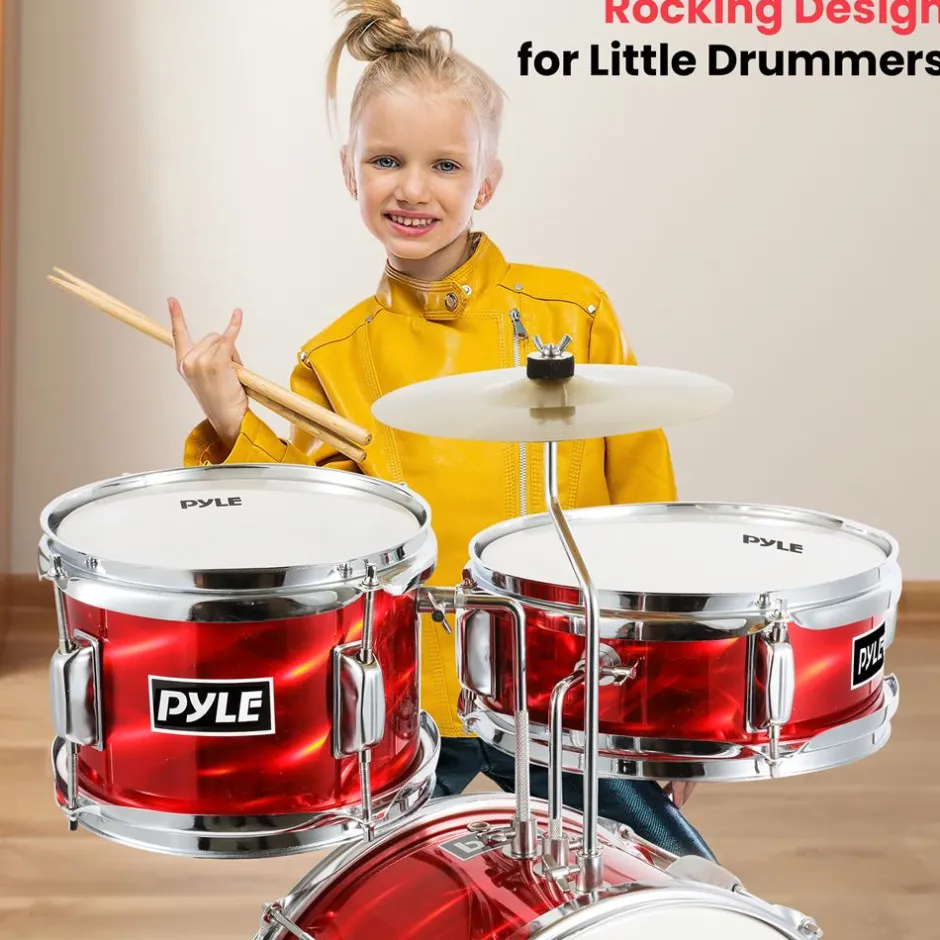 Kids Drum Set 3-Piece Beginner Kit, Metallic Finish, Adjustable Throne, Red<Pyle Hot