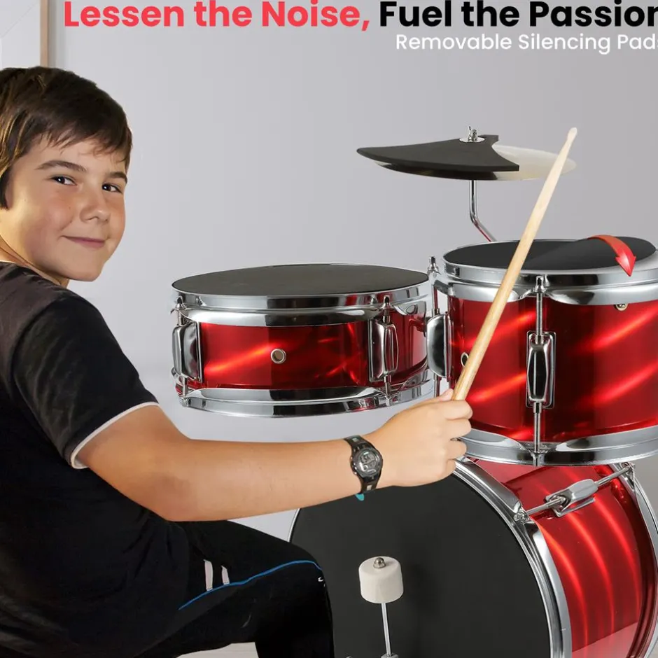 Kids Drum Set 3-Piece Beginner Kit, Metallic Finish, Adjustable Throne, Red<Pyle Hot