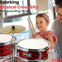 Kids Drum Set 3-Piece Beginner Kit, Metallic Finish, Adjustable Throne, Red<Pyle Hot