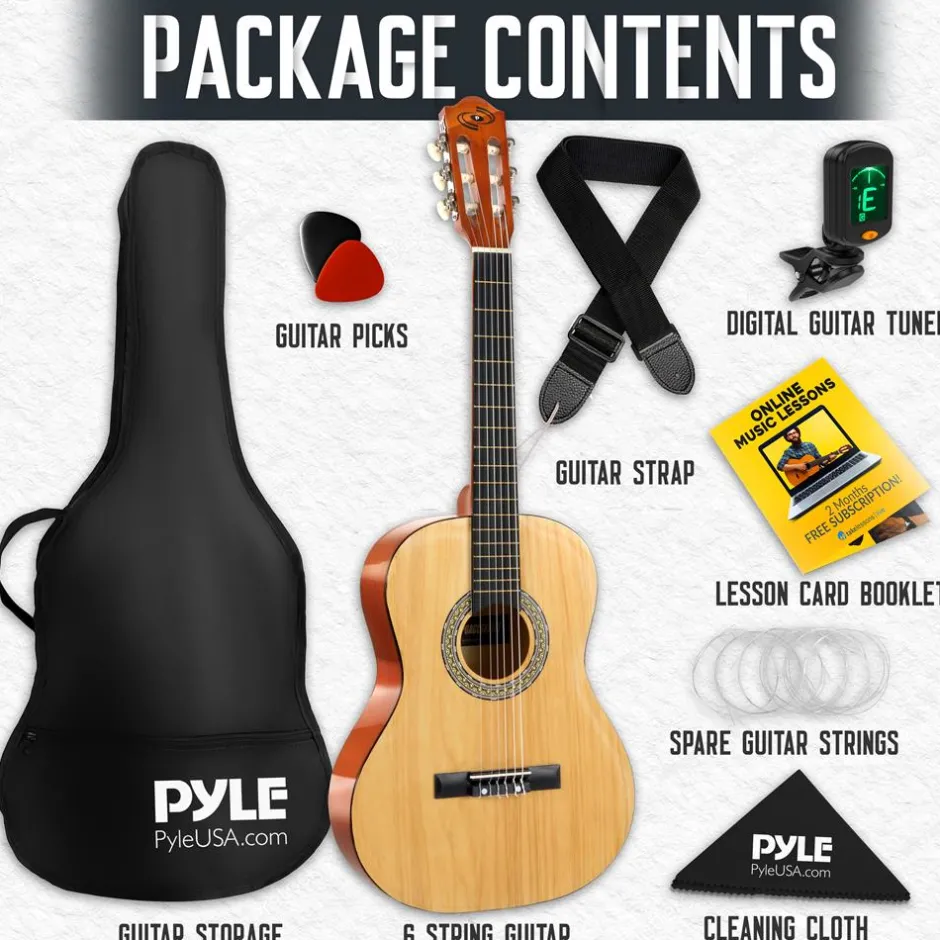 Left-Handed 36" Acoustic Guitar Kit, Beginner-Friendly, All Wood, Natural Gloss<Pyle Discount