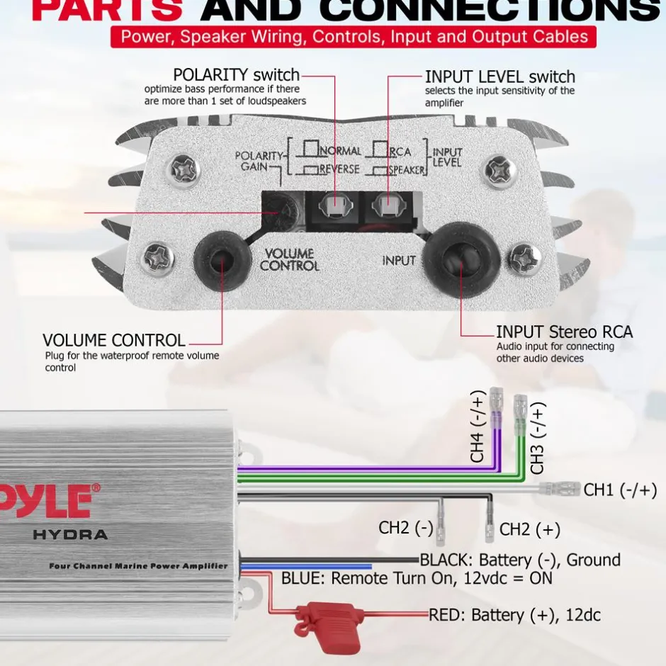 Marine Amplifier 400W Waterproof 4-Channel RCA Input Remote Control<Pyle Clearance