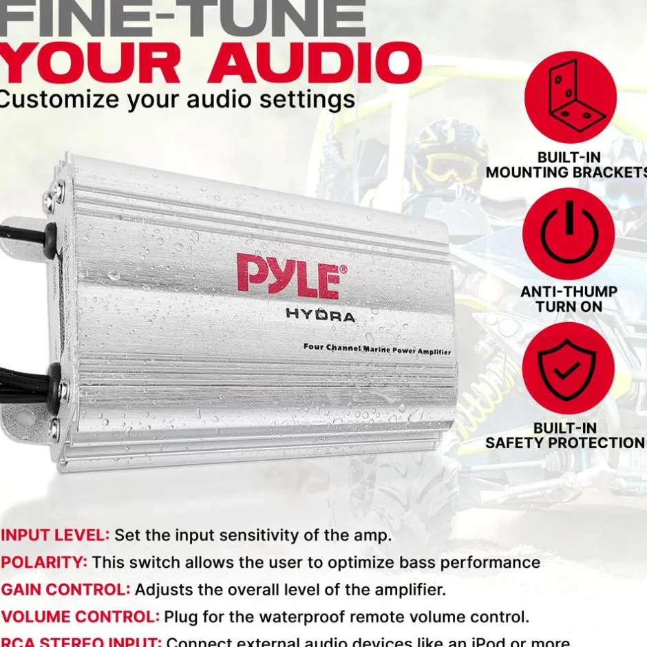 Marine Amplifier 400W Waterproof 4-Channel RCA Input Remote Control<Pyle Clearance