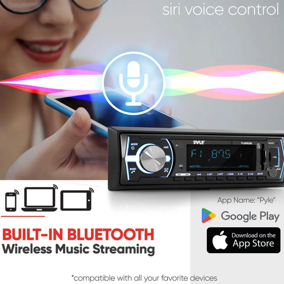 Marine Bluetooth Stereo Receiver - Hands-Free Calls, USB/SD, Single DIN<Pyle