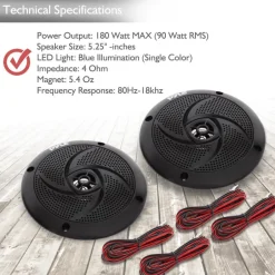 Marine Speakers 180W Waterproof LED Lights Slim Design Blue<Pyle Clearance