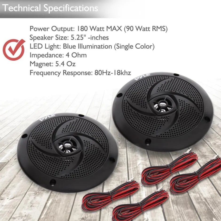 Marine Speakers 180W Waterproof LED Lights Slim Design Blue<Pyle Clearance