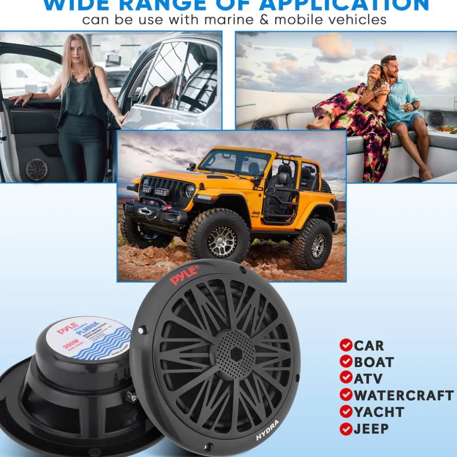 Marine Speakers 200W Weatherproof 6.5" Dual Cone, Poly Carbon, Pair<Pyle Clearance