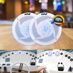 Marine Speakers Waterproof 100W LED Lights Low-Profile White<Pyle
