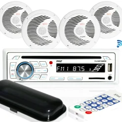 Marine Stereo Kit, Hands-Free Bluetooth, 4 Waterproof Speakers, White<Pyle New
