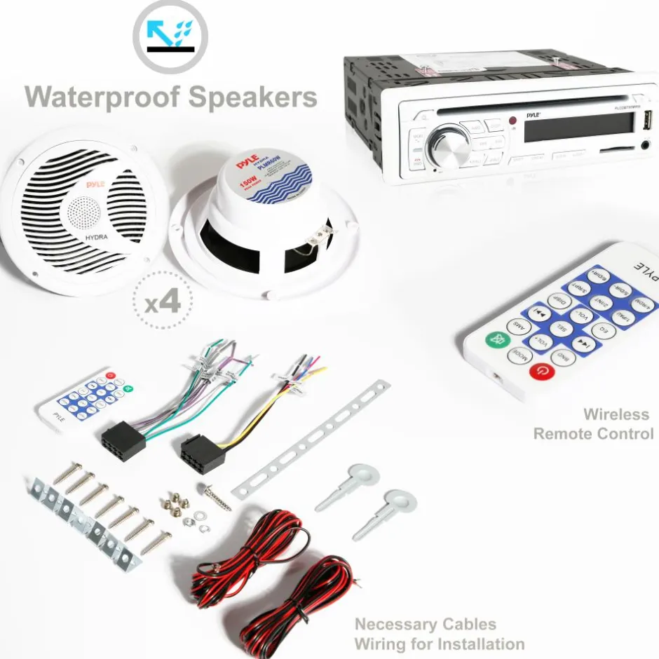 Marine Stereo Kit, Hands-Free Bluetooth, 4 Waterproof Speakers, White<Pyle New