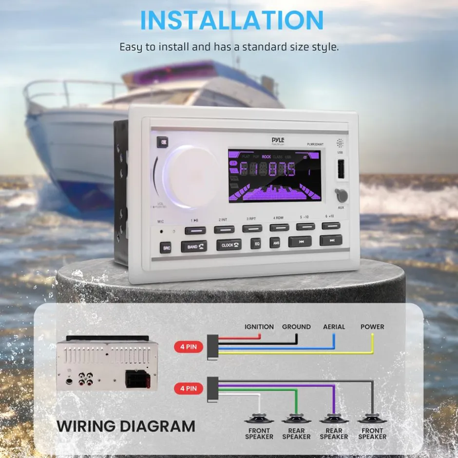 Marine Stereo Receiver Kit, Bluetooth, Double DIN, LCD Display, White<Pyle Discount
