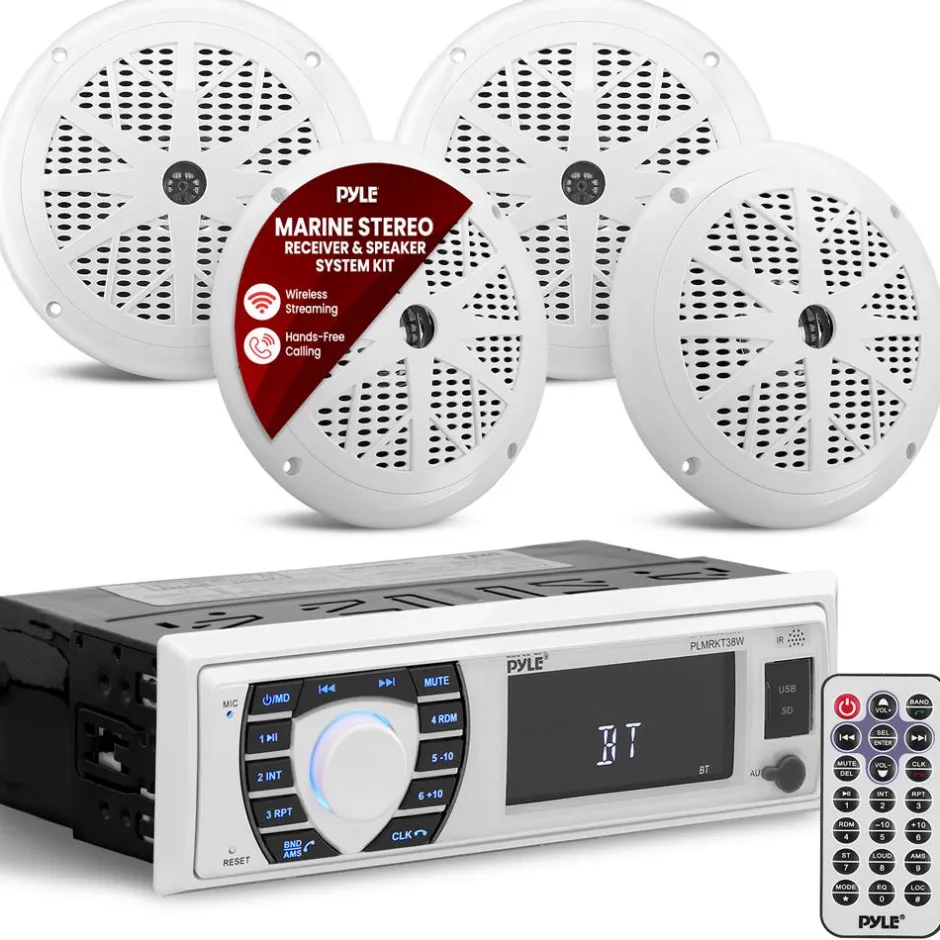 Marine Stereo Receiver Kit Waterproof Bluetooth 4 Speakers White<Pyle Best