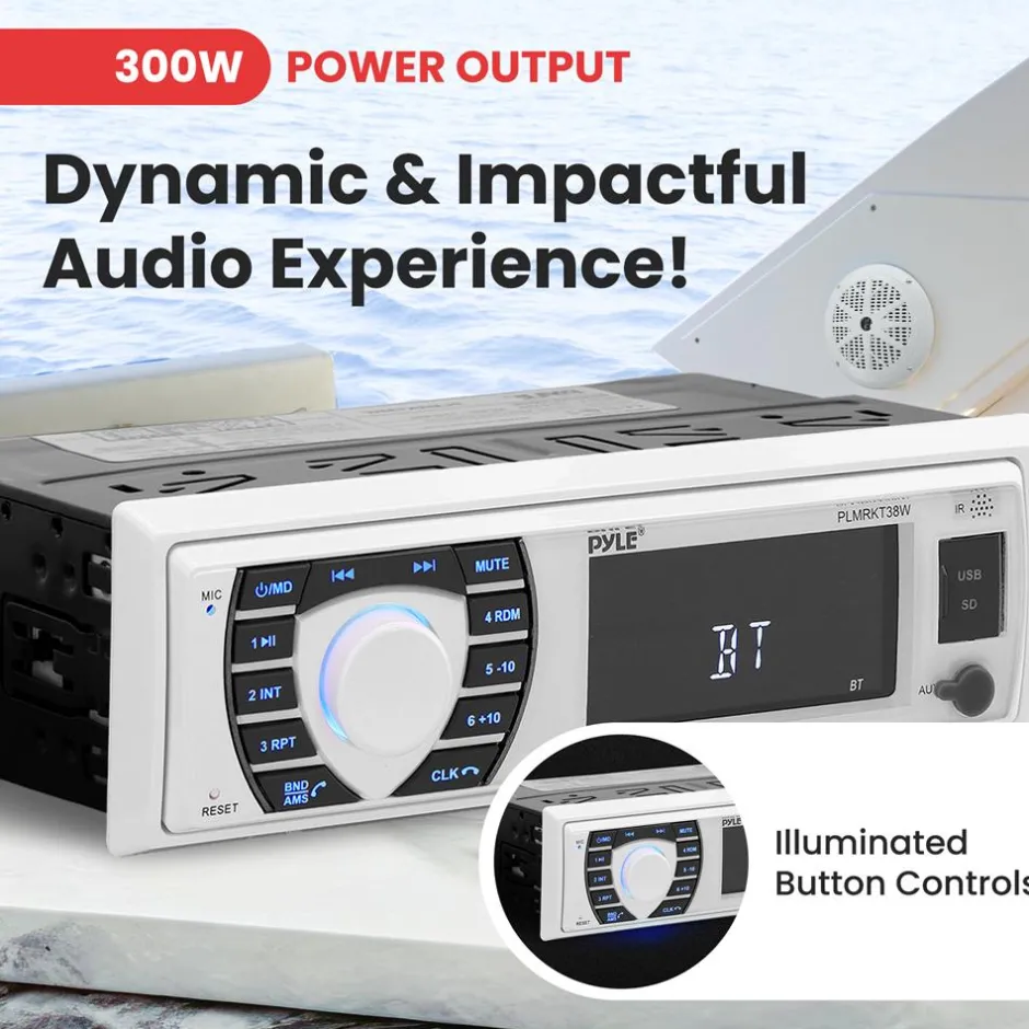 Marine Stereo Receiver Kit Waterproof Bluetooth 4 Speakers White<Pyle Best