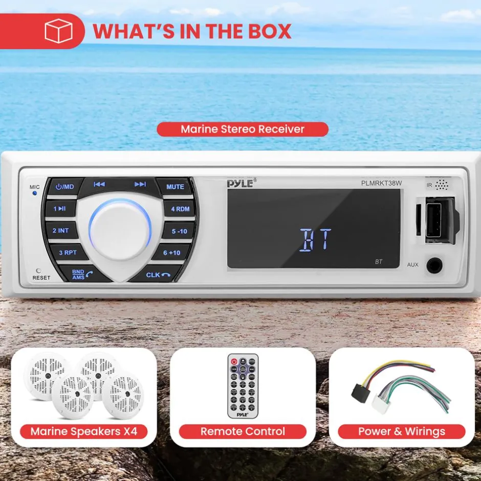 Marine Stereo Receiver Kit Waterproof Bluetooth 4 Speakers White<Pyle Best