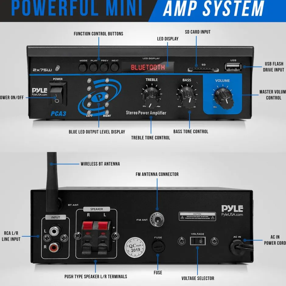 Mini Bluetooth Stereo Amplifier - 150W Power, RCA Input, Blue LED Display<Pyle New