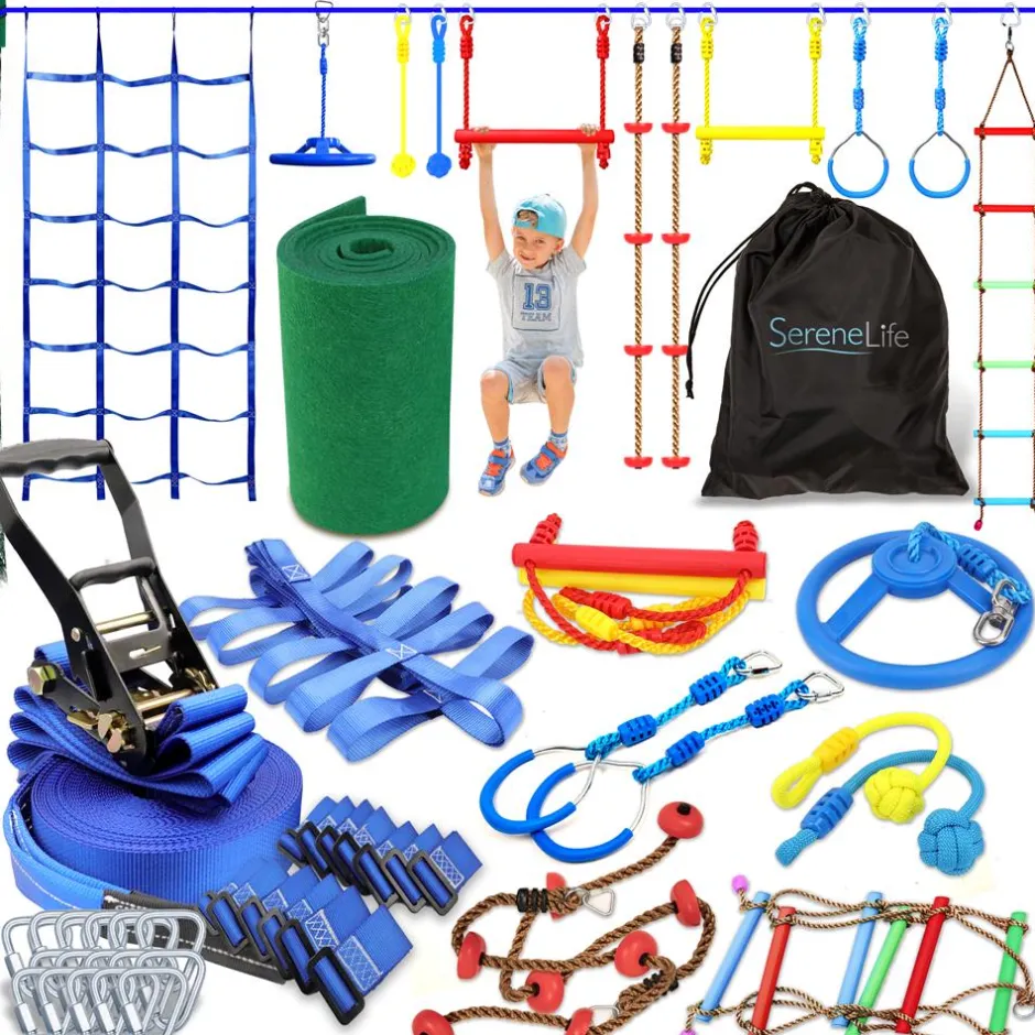 Ninja Warrior Obstacle Course 50ft Slackline Set with 18 Attachments Blue<SereneLife Best