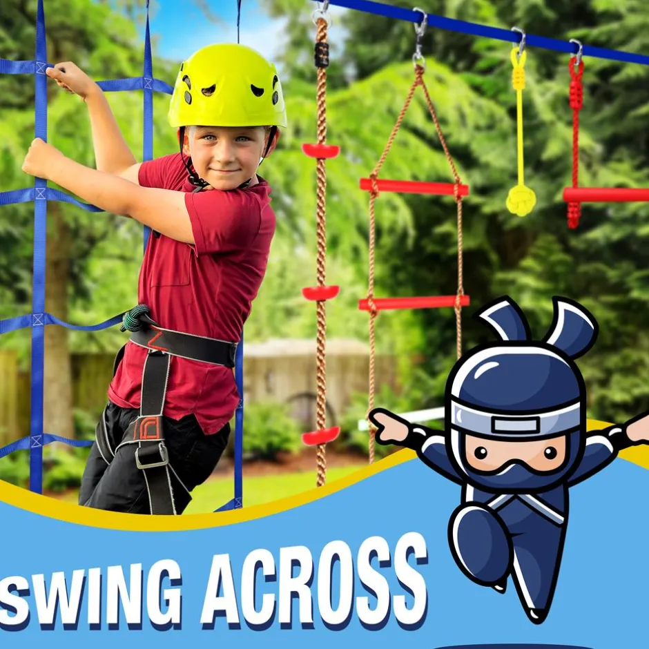 Ninja Warrior Obstacle Course 50ft Slackline Set with 18 Attachments Blue<SereneLife Best
