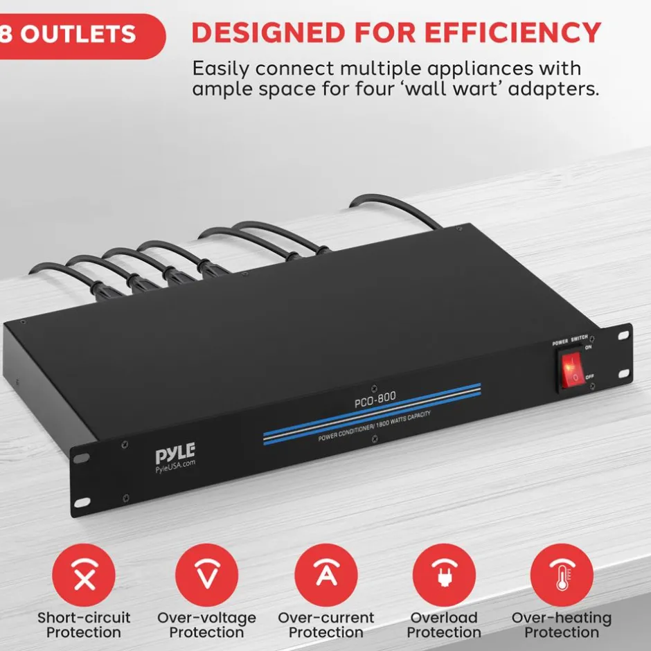 8-Outlet Rack Mount Power Conditioner, Surge Protection, 1800W, Black<Pyle Clearance