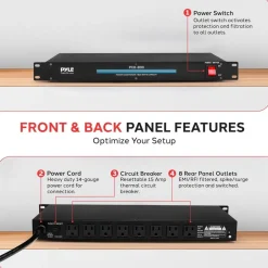 8-Outlet Rack Mount Power Conditioner, Surge Protection, 1800W, Black<Pyle Clearance