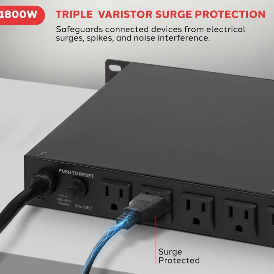 8-Outlet Rack Mount Power Conditioner, Surge Protection, 1800W, Black<Pyle Clearance