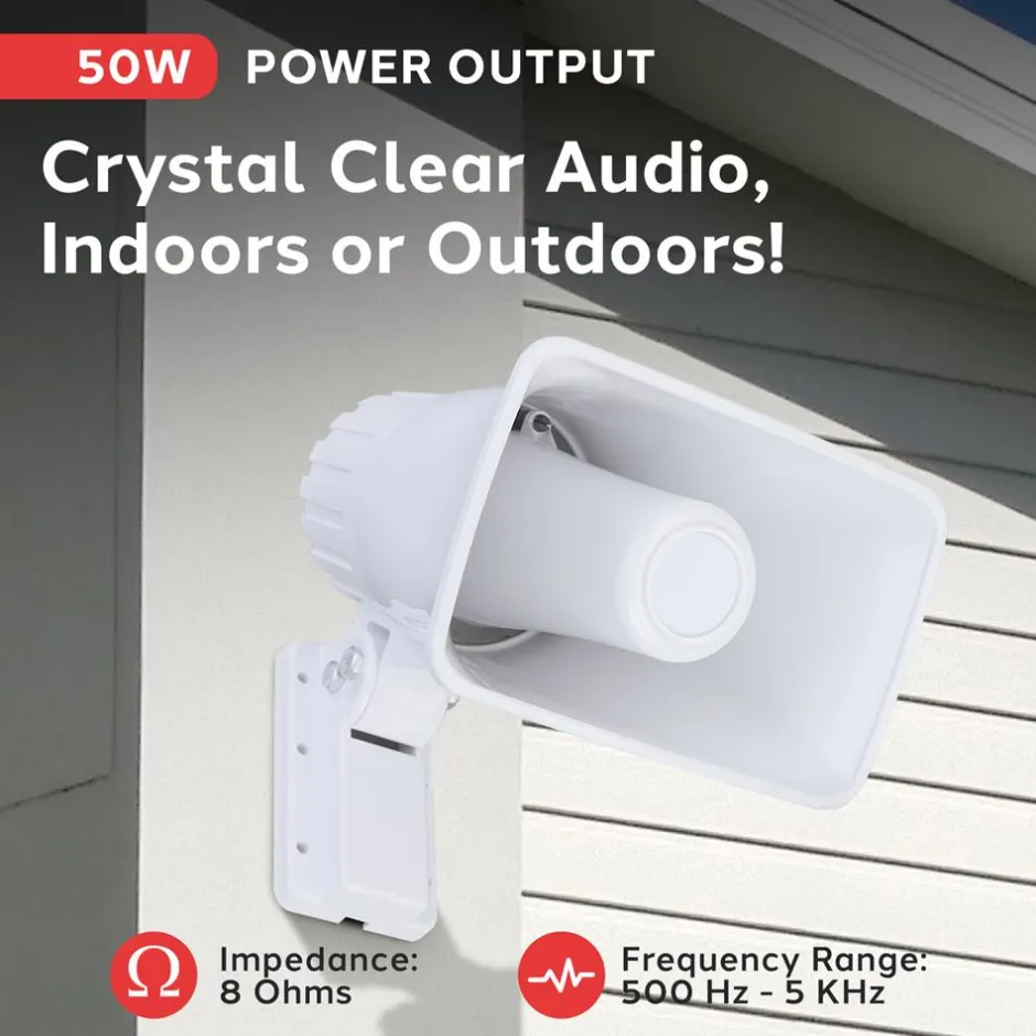 PA Horn Speaker 50W Clear Sound ABS White with Mounting Bracket<Pyle Best