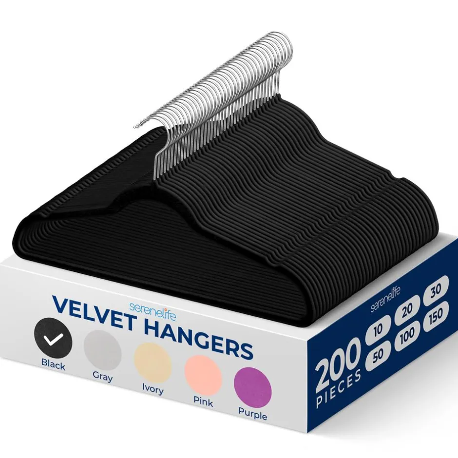 200-Pack Velvet Hangers Non-Slip 360° Swivel Hook Space-Saving Black<SereneLife Clearance