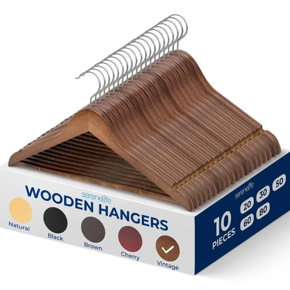 10-Pack Vintage Wooden Hangers - Space-Saving, 360° Swivel Hook<SereneLife Hot