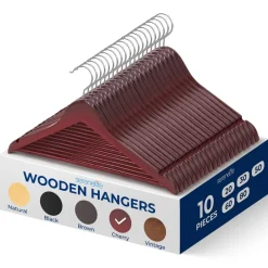 10-Pack Wooden Coat Hangers - Durable, Space-Saving, Cherry Finish<SereneLife Best