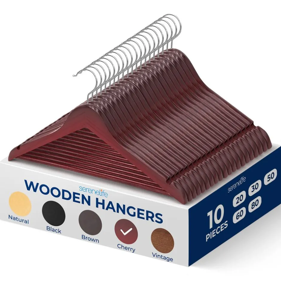 10-Pack Wooden Coat Hangers - Durable, Space-Saving, Cherry Finish<SereneLife Best